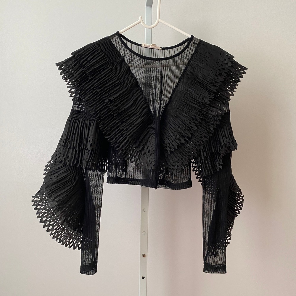 Whimsigoth L Black Mesh Top Pleated Ruffle Victorian Cropped Goth Moody